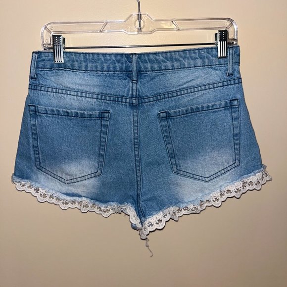 Forever 21 Distressed Crochet Lace Hem Denim Shorts - Picture 3 of 5